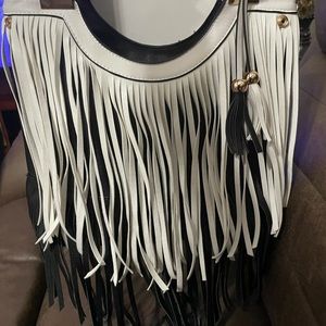 White and black fringe handbag worn only once